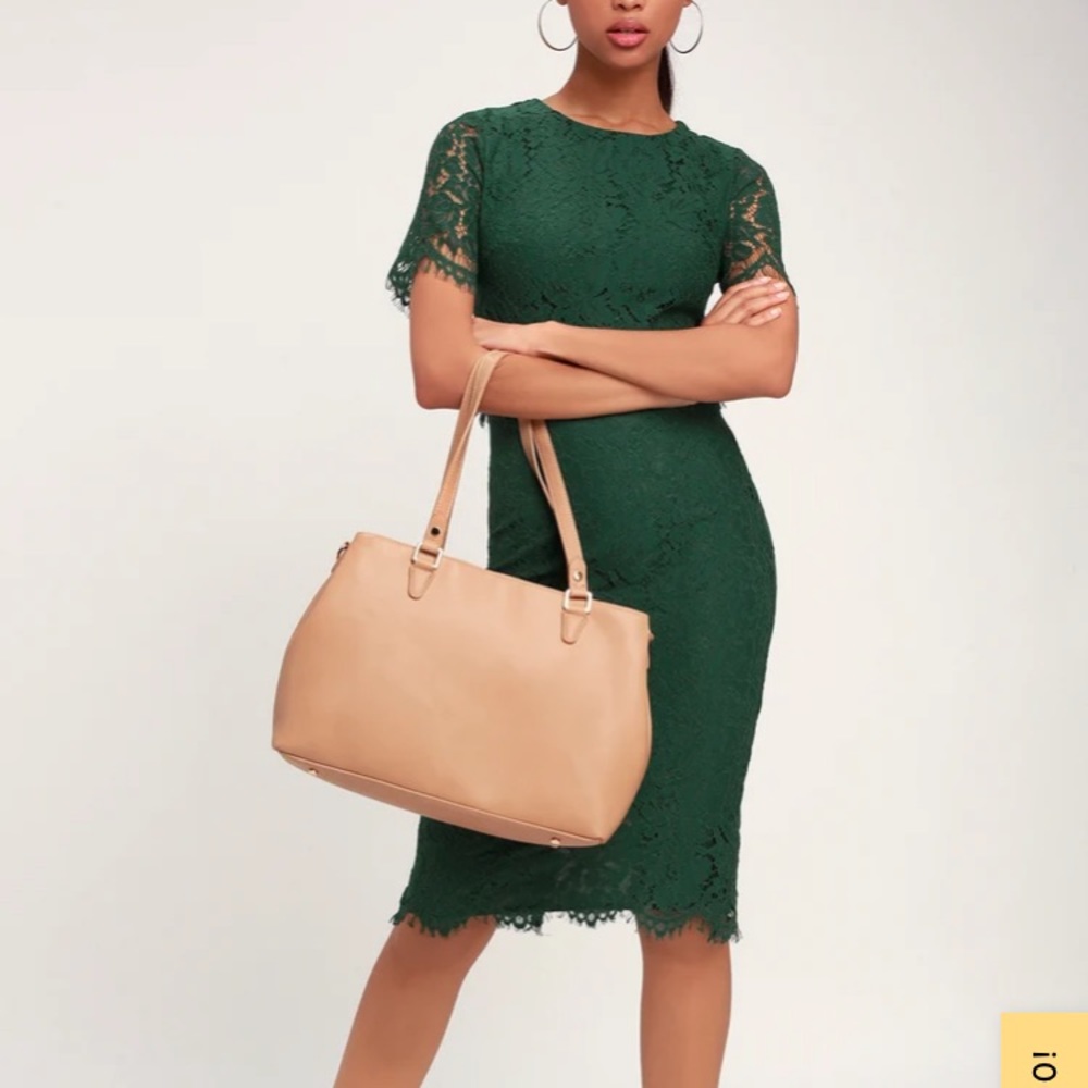 Lulu’s forest green lace short sleeve midi dress